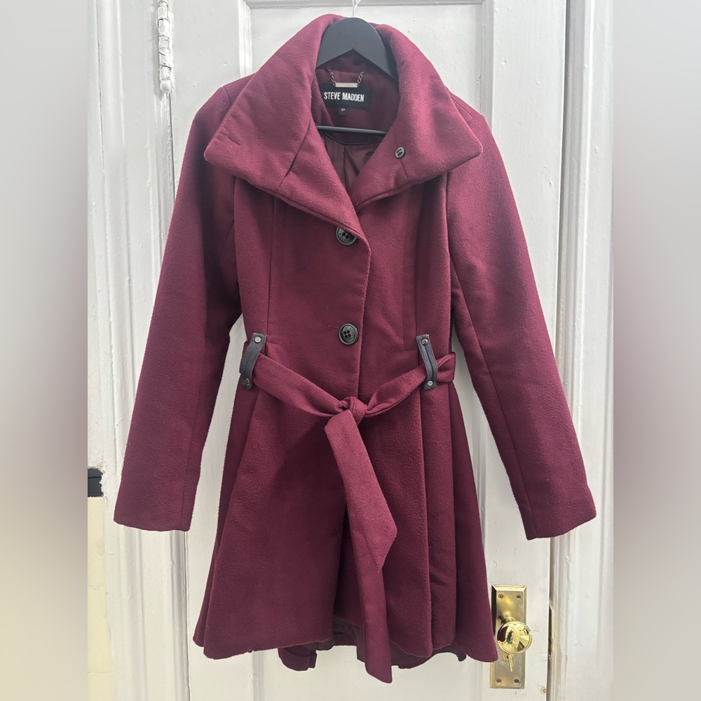 Steve Madden Women's Merlot Pleated Coat Waist Tie Pockets Small